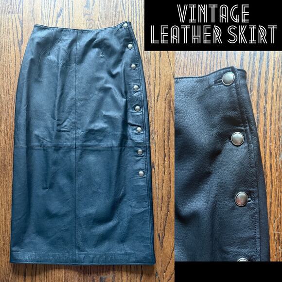 Vintage Long Black Leather Skirt Button StreetWear StreetStyle Punk Goth Metal - Picture 1 of 6